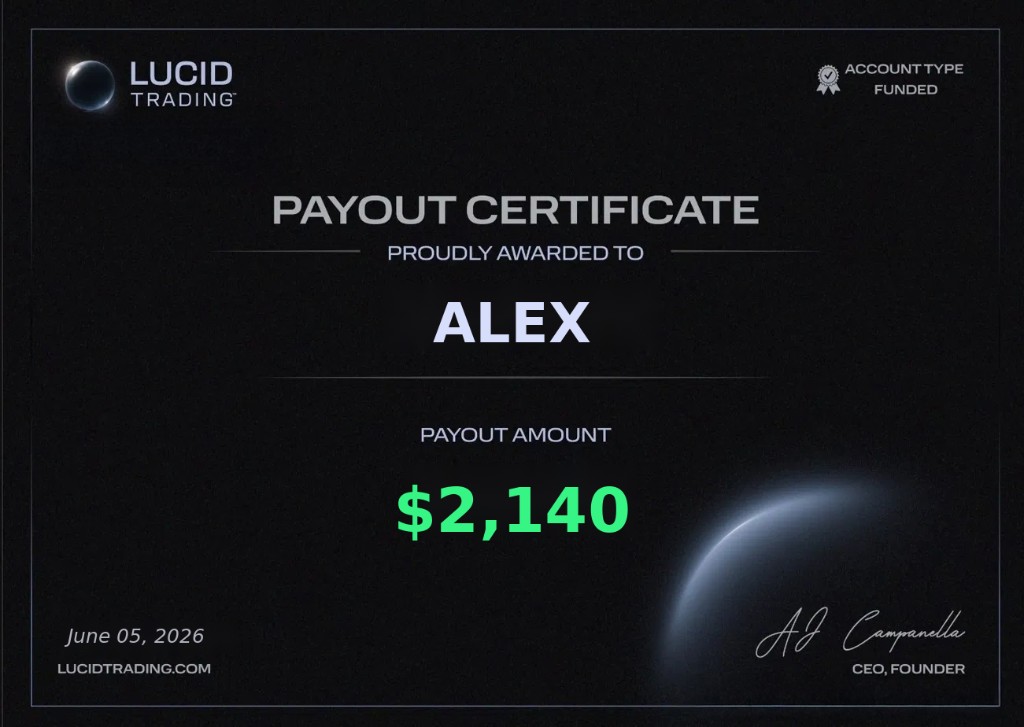 Prop firm payout certificate — Alex, $2,140
