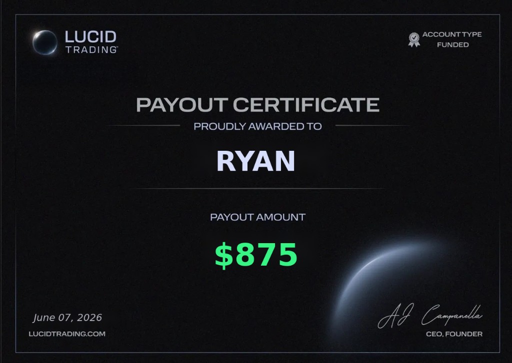 Prop firm payout certificate — Ryan, $875