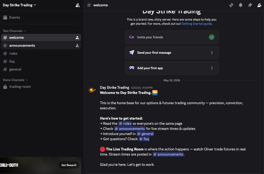 Day Strike Trading live room — members watch Oliver trade NQ in real time