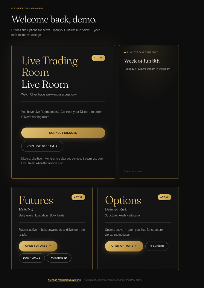 Day Strike Trading member dashboard with Live Room, Futures hub, and billing